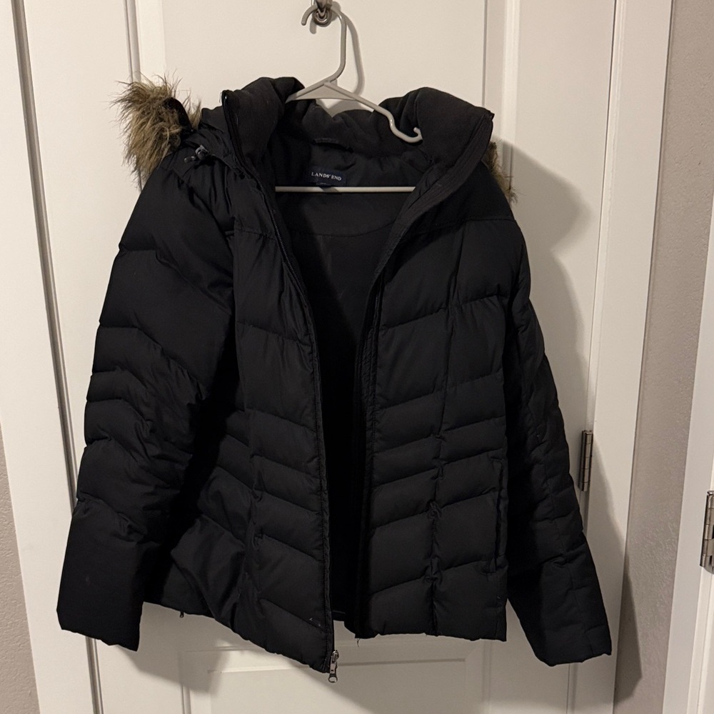 Lands' End Women's Black Puffer Jacket with Faux Fur Trim & removable hood